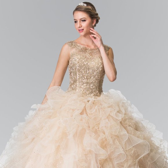NEW LONG SLEEVELESS MESH BALL GOWN EMBROIDERED WITH RHINESTONES & LACE GL2208